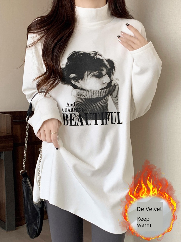 white Derong Undershirt female Medium and long term Half high collar Inner lap Autumn and winter Plush thickening Long sleeve T-shirt Sanding jacket