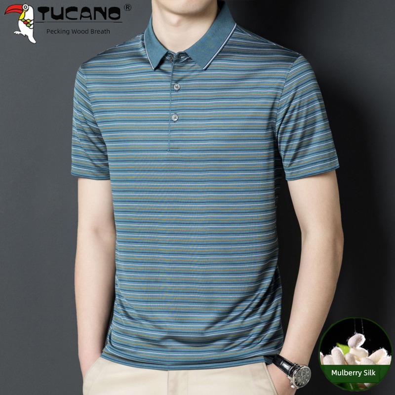 Woodpecker Short sleeve middle age stripe Polo shirt mulberry silk