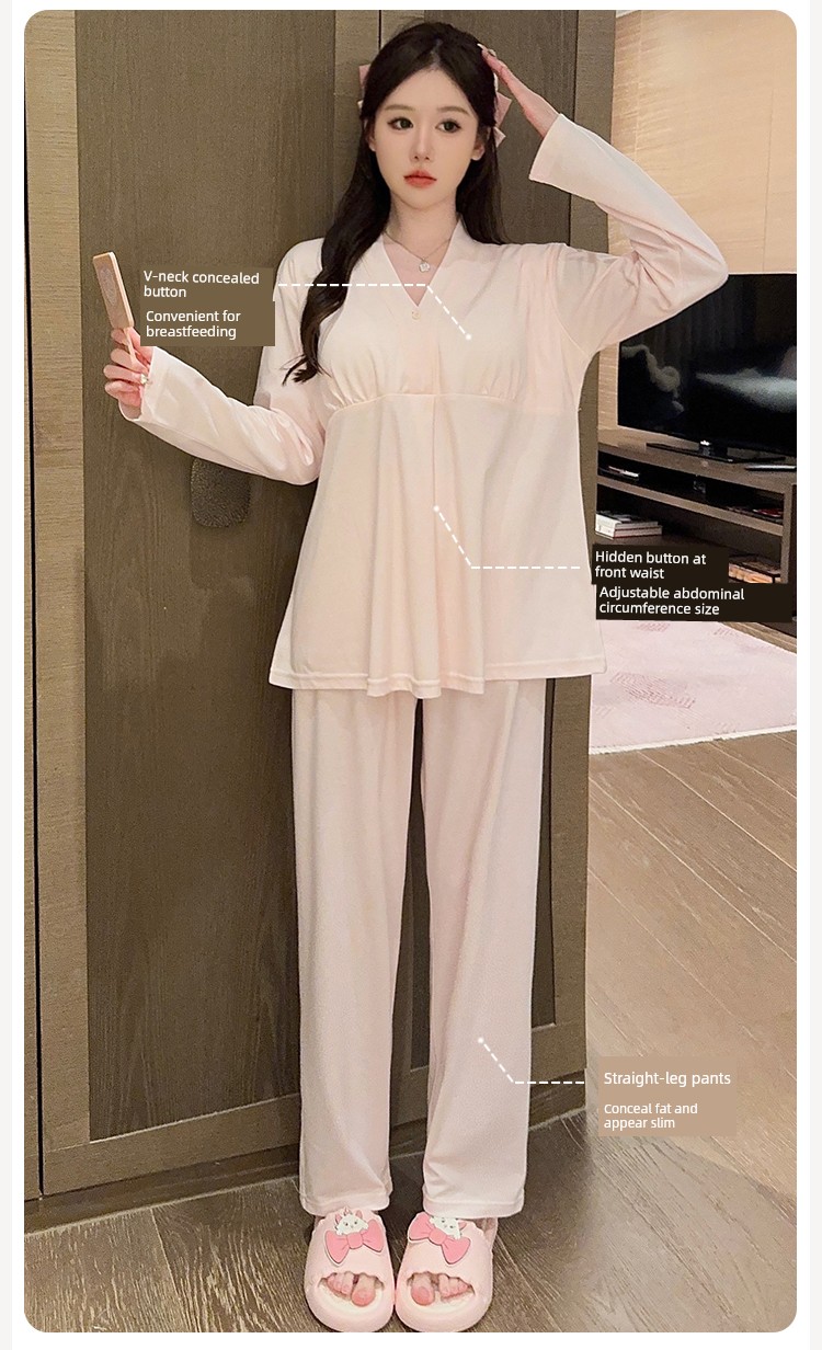 Simple Style Maternity Pajamas with Chest Pads, Pure Cotton, Thin Summer and Autumn Postpartum Nursing Sleepwear for Pregnant Women, All-Cotton for Autumn — 3