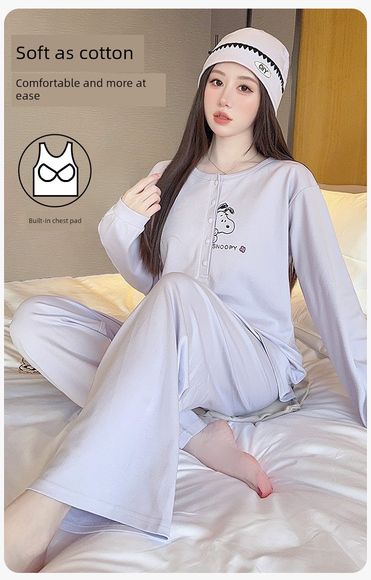 Maternity Pajamas with Hat, Pure Cotton, Sweat-Absorbent, Suitable for All Seasons, Postpartum Nursing Loungewear for Autumn and Winter — 1