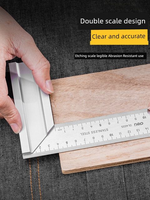 Deli angle ruler 90 degree stainless steel thickened 300mm woodworking decoration L-shaped ruler crooked ruler wide seat right angle ruler lean ruler
