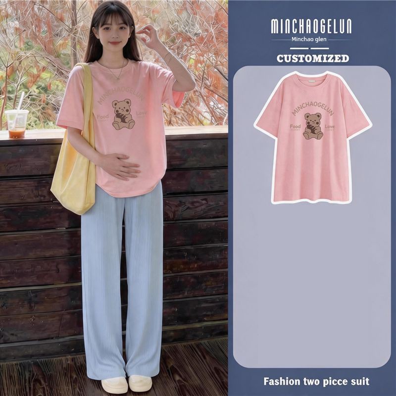Maternity Suit for Summer Outings, Korean Style, Stylish Pure Cotton Short-Sleeved Top, Loose Casual Belly-Supporting Wide-Leg Pants Two-Piece Set — 5