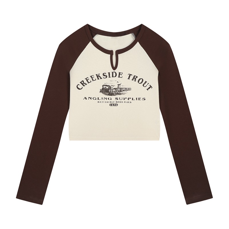American style Retro Long sleeve High waist Exposed navel jacket T-shirt
