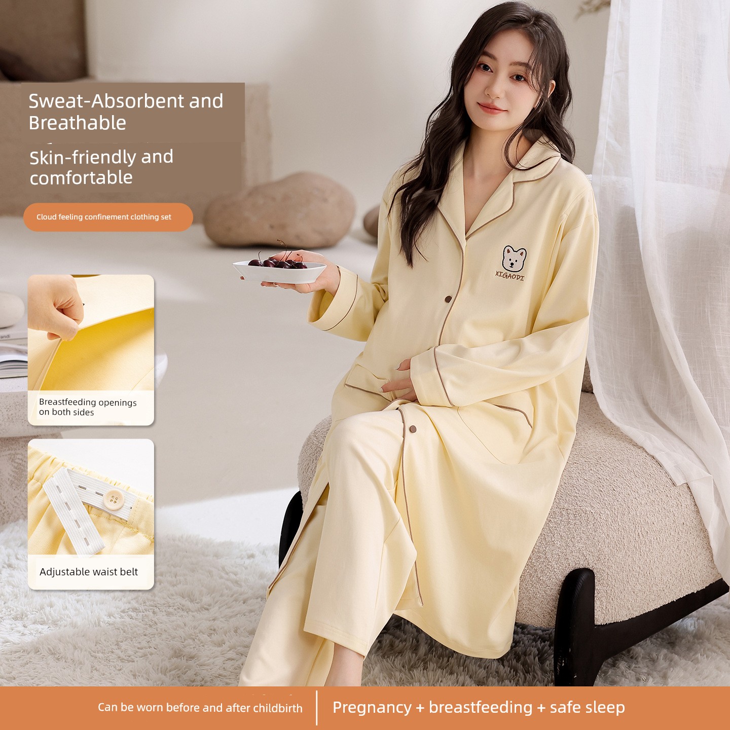 All-Cotton Imported Summer Maternity Pure Cotton Lapel Cardigan Long-Sleeve Nursing and Postpartum Dress with Sleep Pants Two-Piece Set