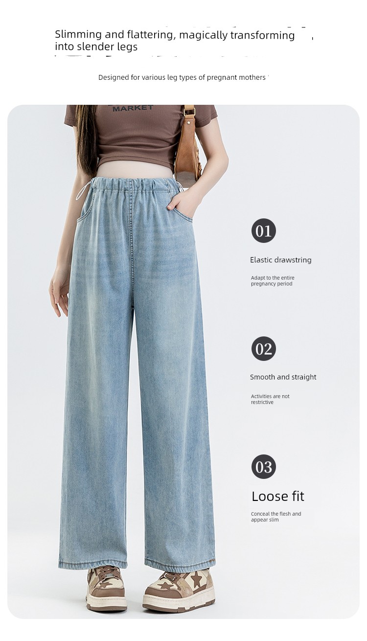 Maternity Pants Summer Wear, Lightweight and Loose Wide-Leg Tencel Jeans, Summer Casual Pants Without Belly Support for Petite Sizes — 2