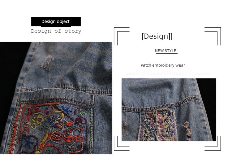 nation Embroidery Elastic waist Make old Wear out Ninth pants