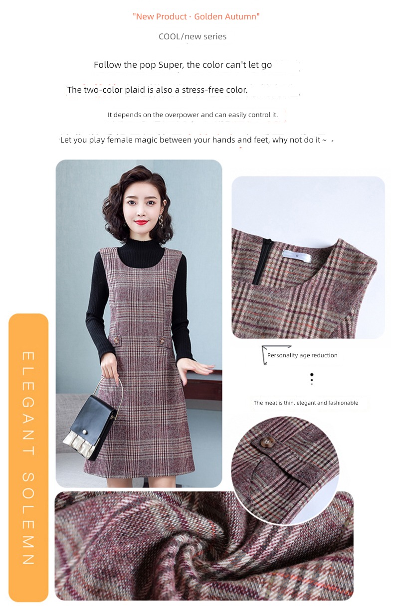 Autumn and winter Sleeveless Wool lattice Mother dress Dress