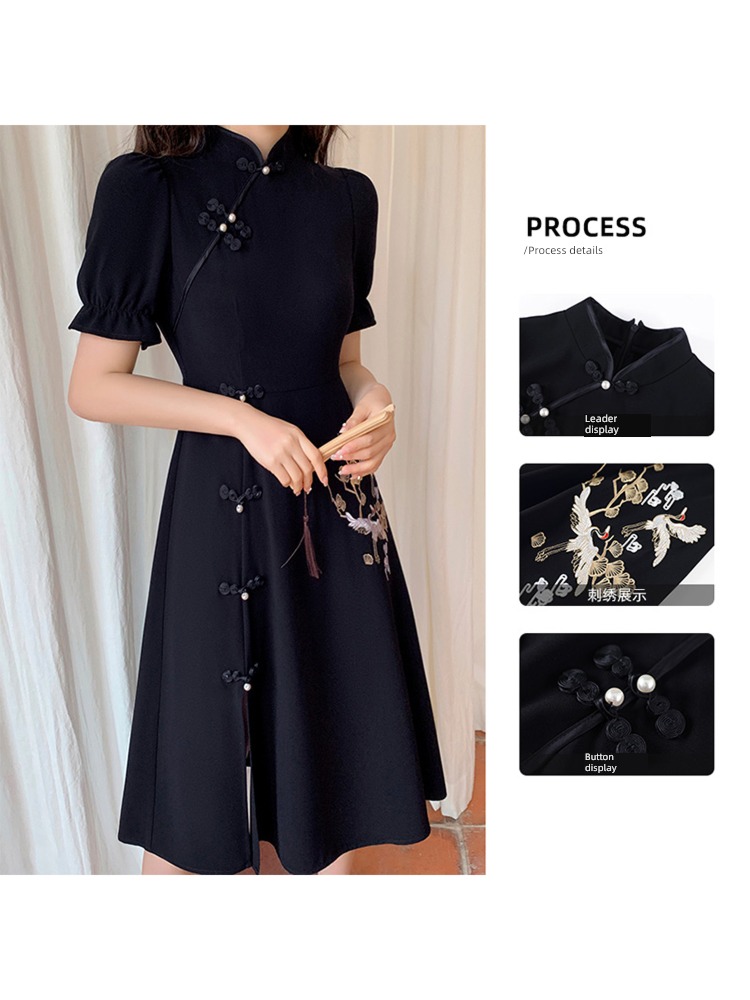 Blue language Fat mm cheongsam temperament Dress Retro Embroidery