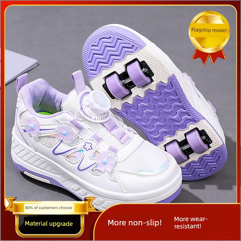 Girls' White Four-Wheel Invisible Children's Mesh Breathable Roller Shoes Princess Skates for Older Kids — 6
