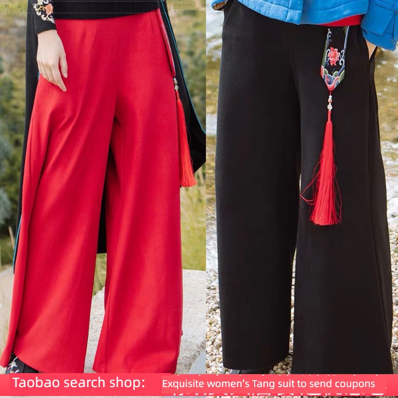 ethnic style High waist spring and autumn Retro tassels trousers Embroidery