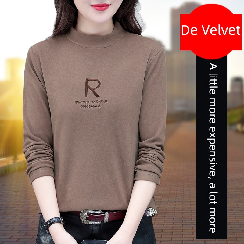 Derong Undershirt female Inner lap Autumn and winter 2022 new pattern Half high collar Long sleeve T-shirt Plush thickening keep warm jacket