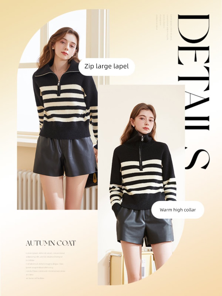 Tricolor Autumn and winter Color contrast stripe Half zipper Lapel sweater