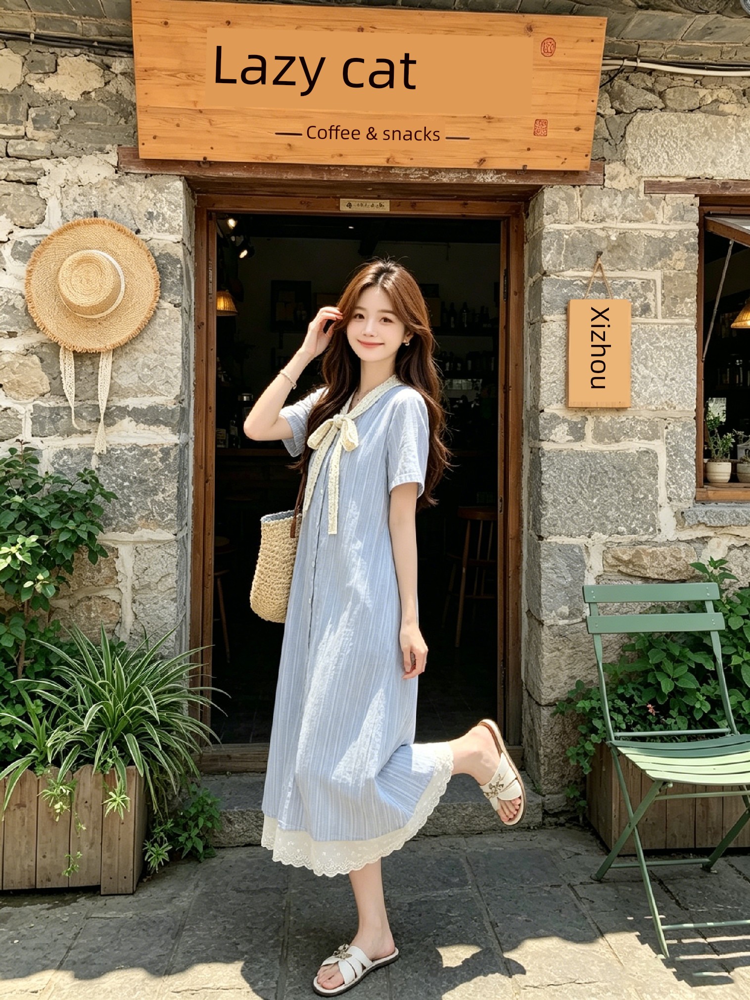 Maternity Dress Summer Thin Style 2026 New Blue Sweet Lace Splicing Short-Sleeved A-Line Dress Mid-Length for Women — 11