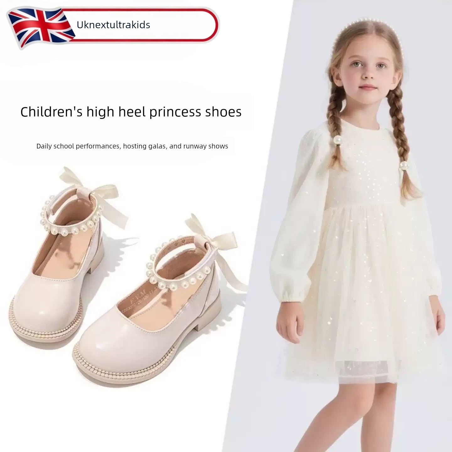 British Nu Children's High-Heeled Shoes for Girls, Princess Style, Suitable for Dresses, High-End Soft-Soled Beautiful Chunky Heel Performance Shoes for — 3