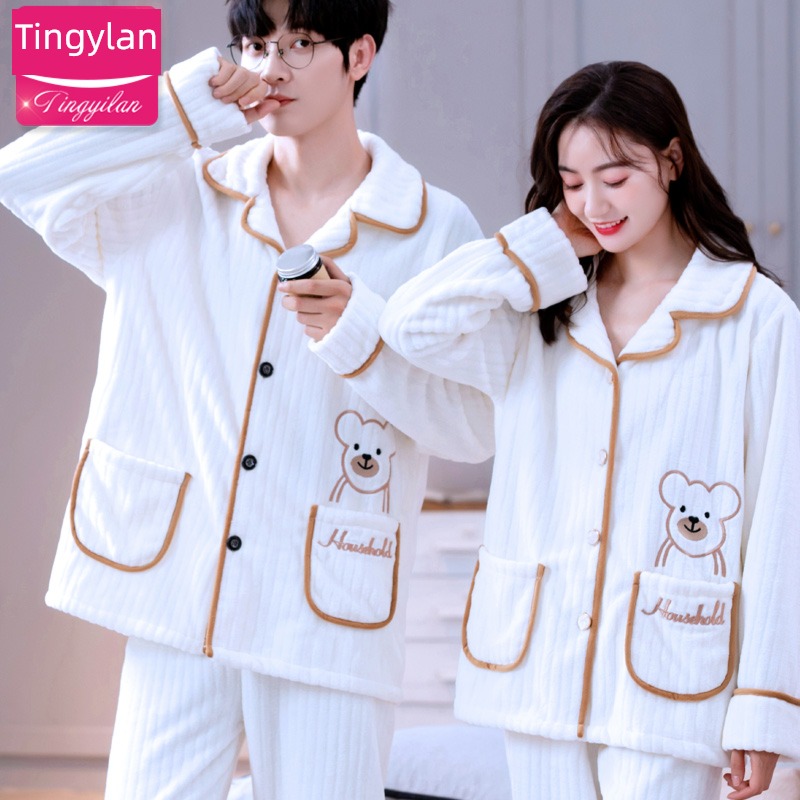 Internet celebrity men and women lovers Autumn and winter thickening Flannel pajamas