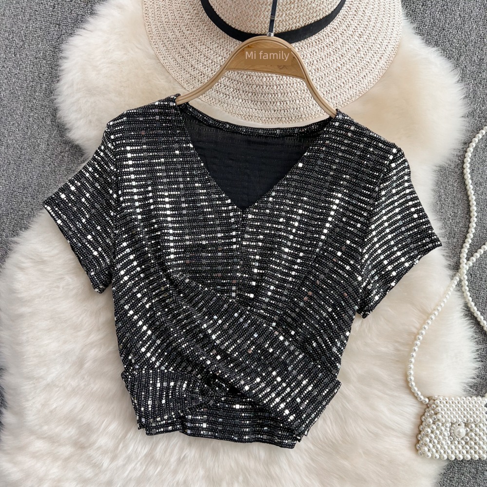 Sparkle Bright silk female summer Self-cultivation fold Show thin T-shirt