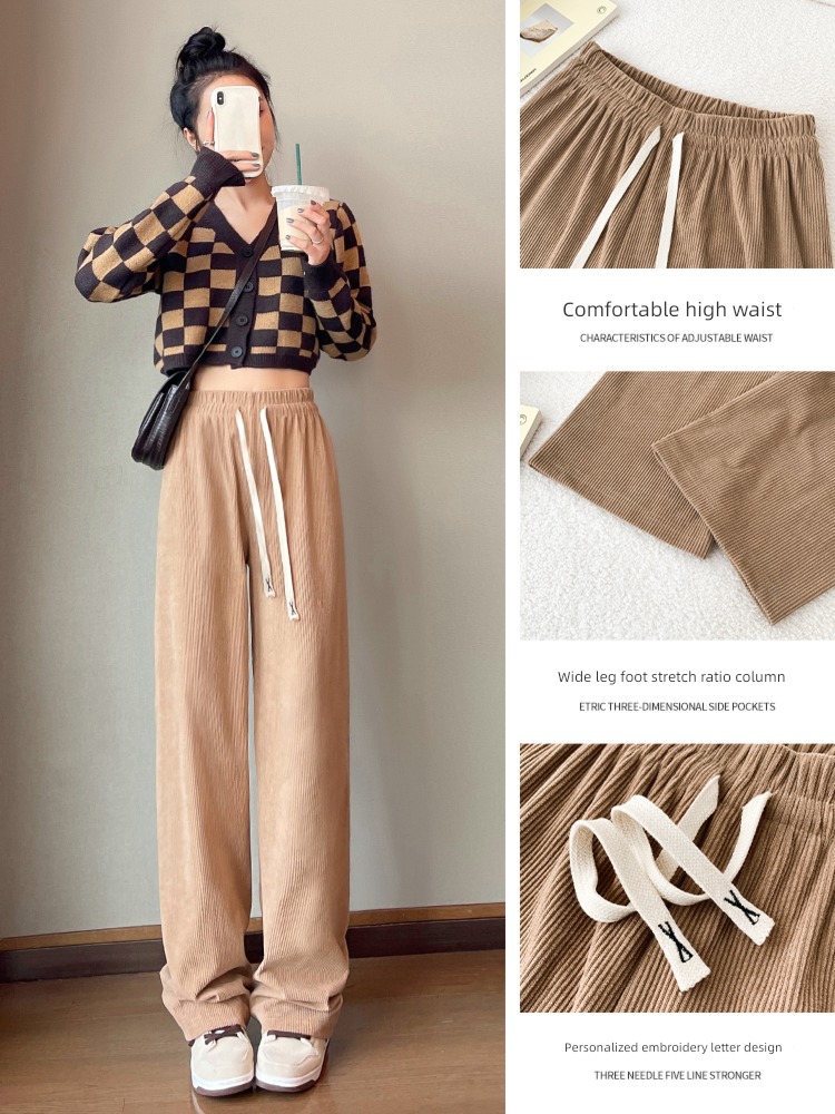 Pink Plush Wide leg pants female Autumn and winter 2022 new pattern High waist Sagging sensation leisure time little chap corduroy Straight pants