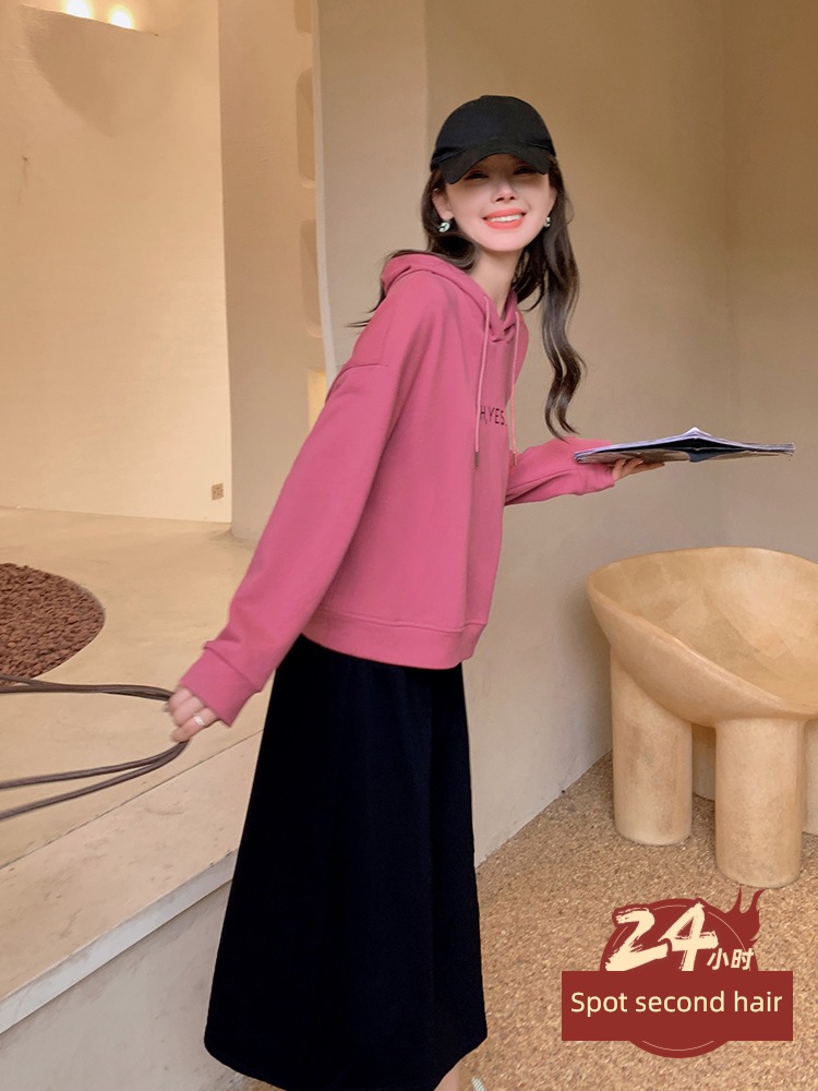 Blue language Big size Women's wear Slightly fat mm leisure time Hooded Sweater skirt 2023 spring The new easy Show thin Two piece set