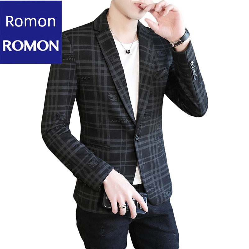 Spring and Autumn Korean version Self-cultivation printing leisure time lattice man 's suit