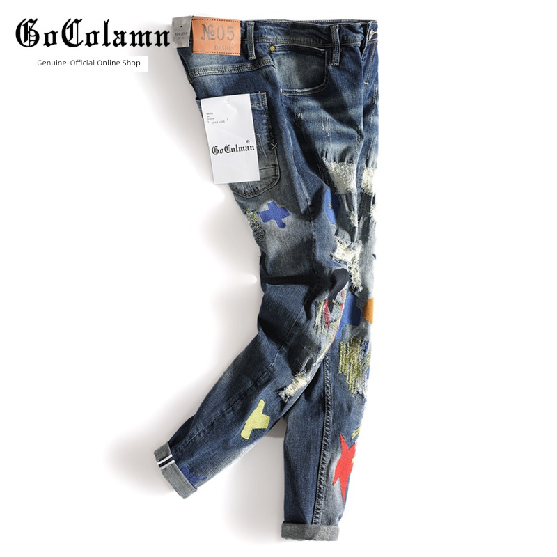 GoColman Autumn and winter hole Men's style trousers Embroidery