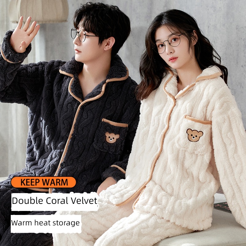female Autumn and winter thickening Flannel man lovers pajamas