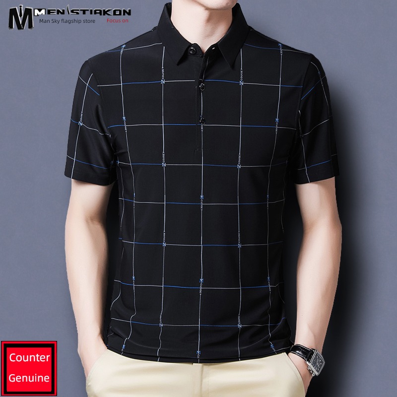 Chaopai Young and middle-aged people lattice Polo shirt Short sleeve T-shirt