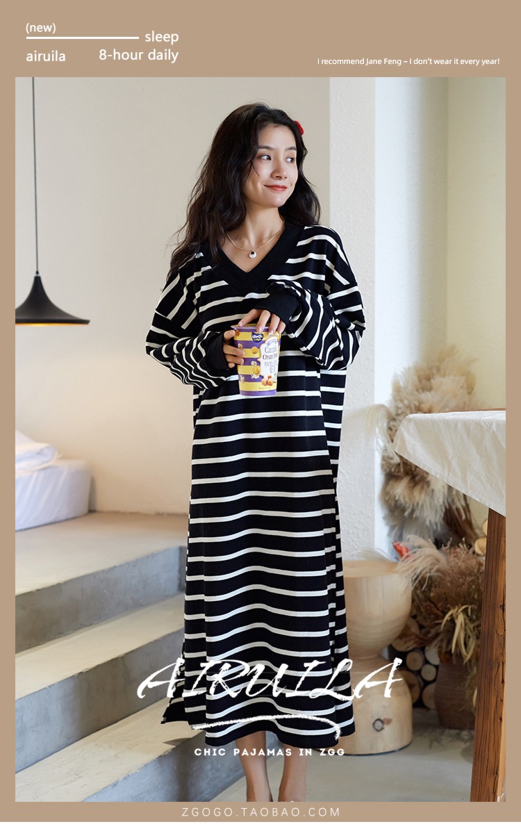 Spring and Autumn pure cotton have more cash than can be accounted for stripe Korean leisure Nightdress