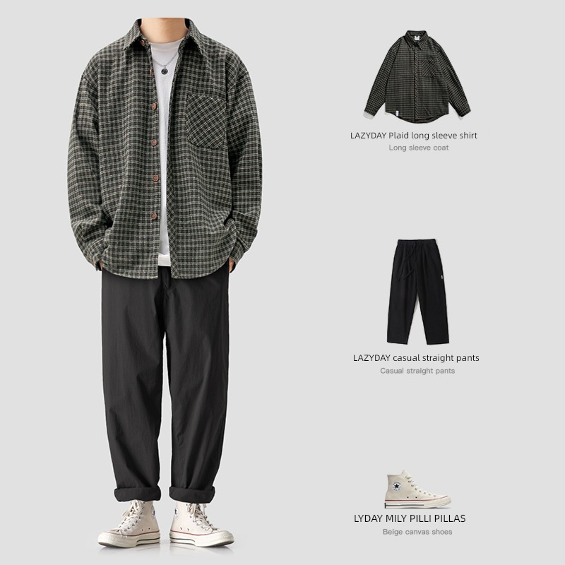 LAZY   DAY original leisure time Long sleeve lattice shirt