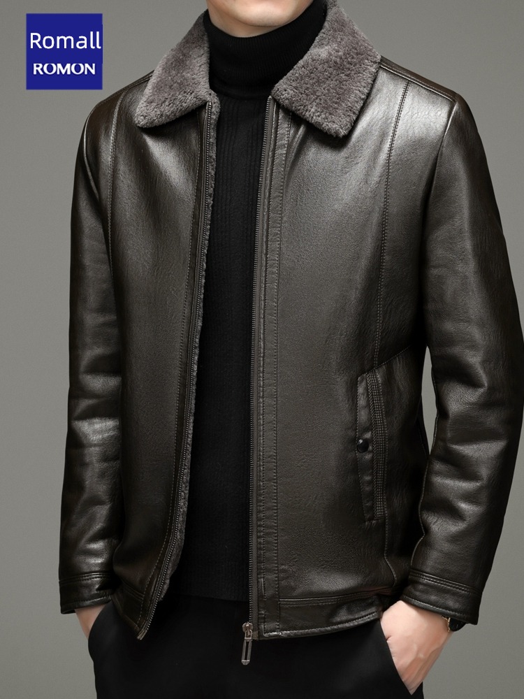 Romon leisure time Dad Costume Flannel collar man leather clothing