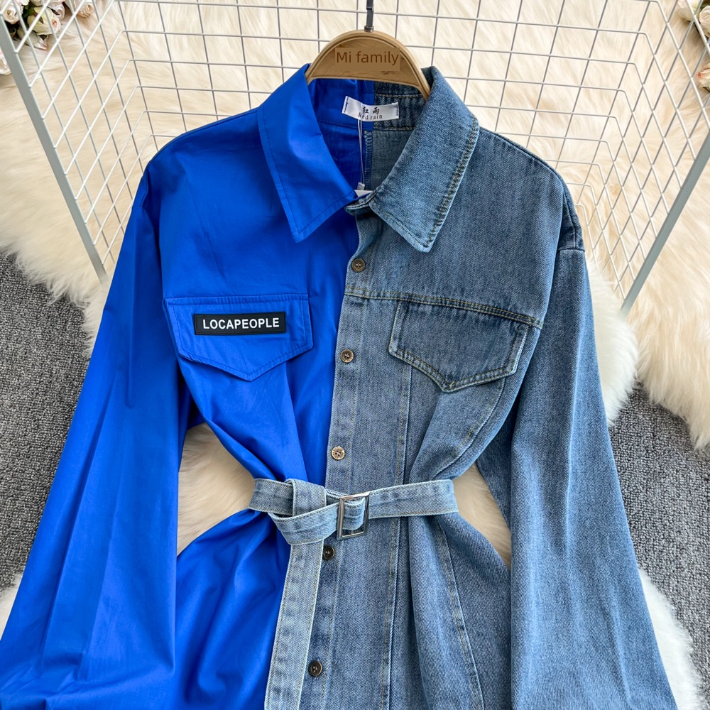 chic With belt Color matching leisure time jacket cowboy shirt