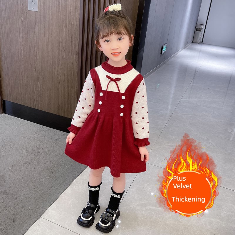 Foreign style baby thickening knitting children princess Wool dress