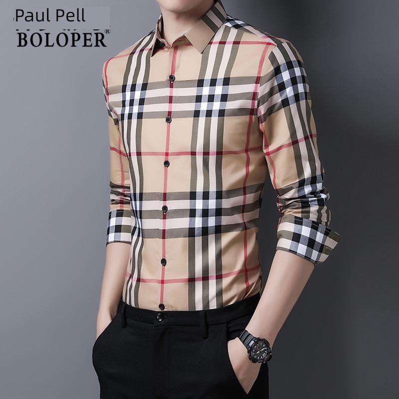 tide Paul pure cotton lattice Korean leisure Long sleeve shirt
