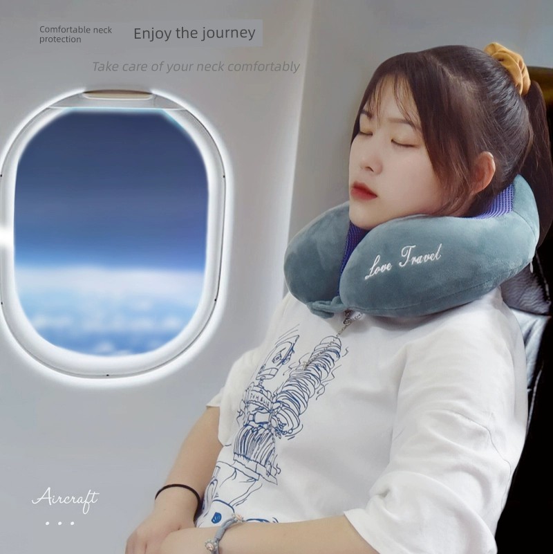護頸u型枕 辦公旅行飛機車上睡覺靠枕 絨布乳膠記憶棉簡潔卡通