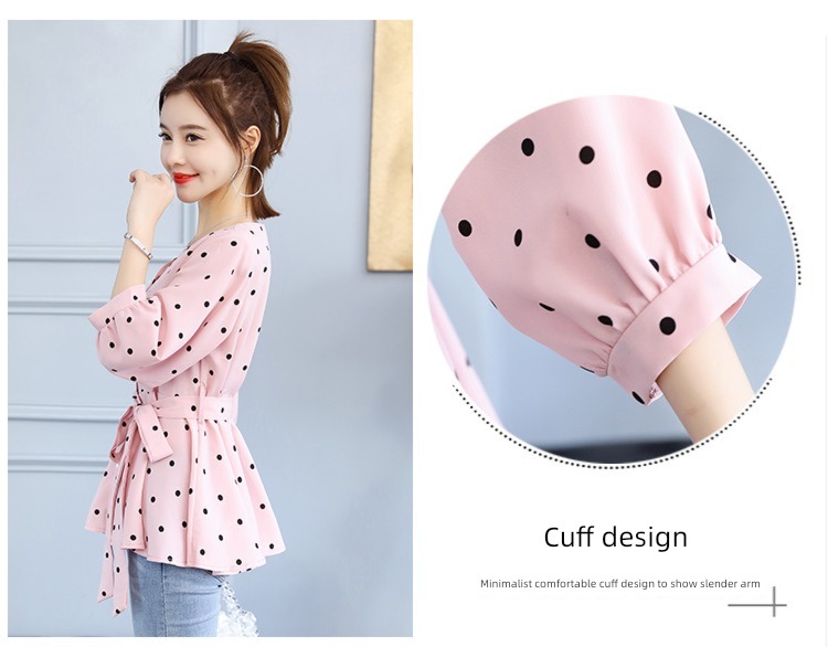 Korean version Temperament lady Frenulum Close your waist Skirt Ruffles Baby shirt jacket Short sleeve Wave point Chiffon shirt female summer