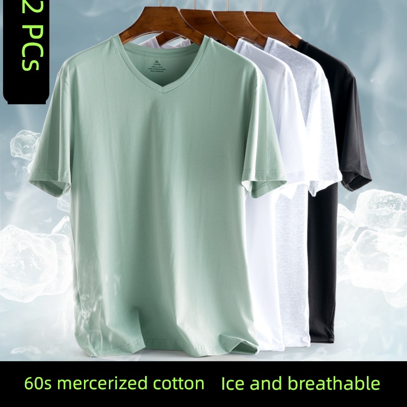 summer Thin money middle age V-neck Ice silk breathable Short sleeve T-shirt