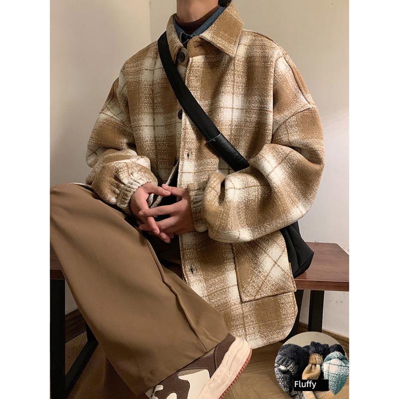 Lapel Wool loose coat male winter thickening solar system Retro lattice overcoat Chaopai Advanced sense have cash less than that is registered in the accounts chic Windbreaker