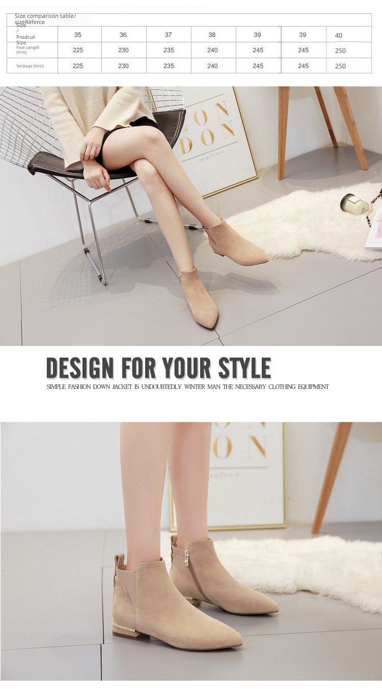 Little heel spring and autumn Sharp point Flat bottom suede  Versatile Short boots