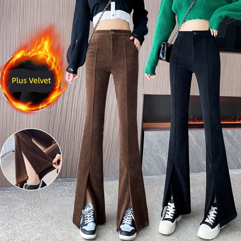 corduroy Wide leg pants female Autumn and winter new pattern Plush thickening Straight cylinder Show thin Mopping Micro horn trousers leisure time trousers