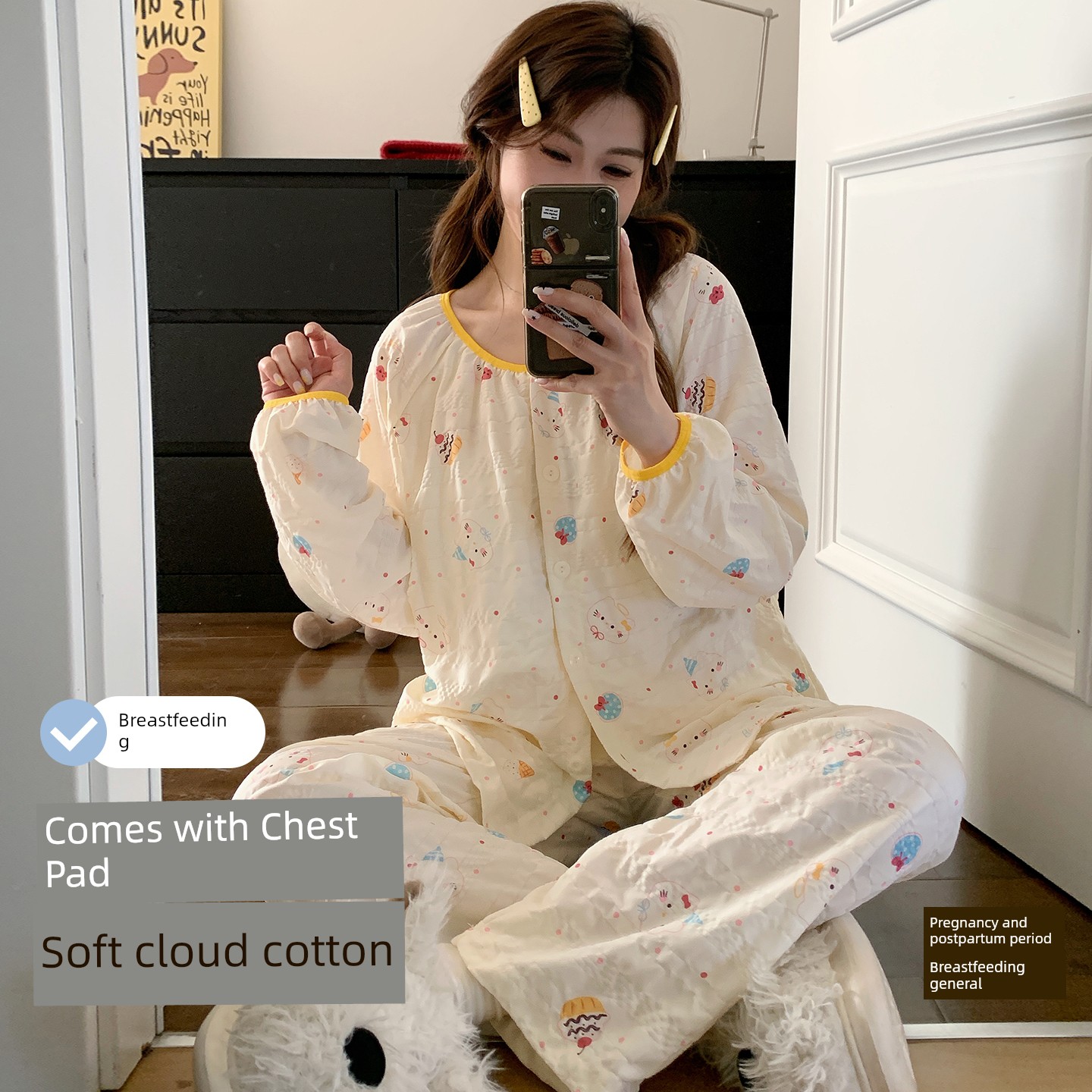 Maternity Pajamas, Summer Thin Style, Postpartum Long-Sleeved Gauze Confinement Clothes, Maternity Nursing Kimono-Style Home Clothes — 8