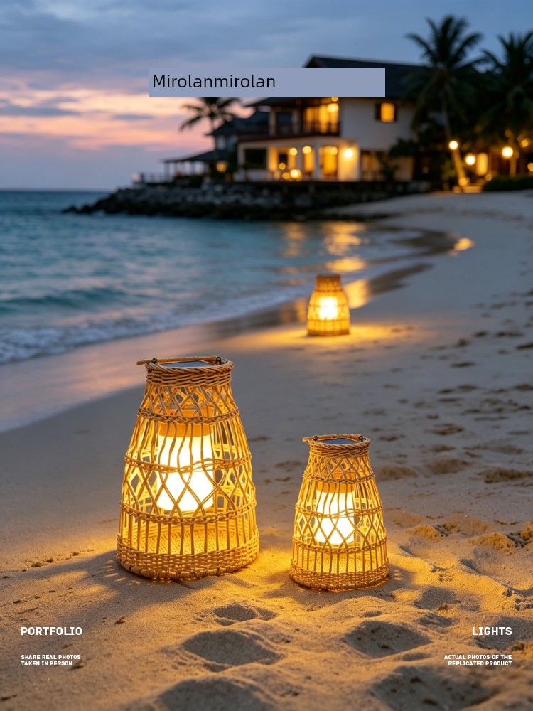 Mirolan Rattan Woven Portable Lamp Solar Rechargeable Outdoor Garden Lamp Terrace Landscape Garden Atmosphere Floor Lamp