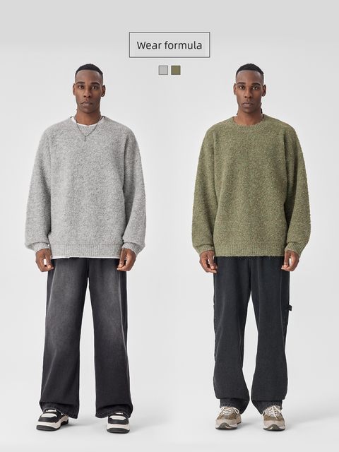 BODYDREAM BM wool twill sweater men round neck pullover sweater texture retro knit sweater trendy