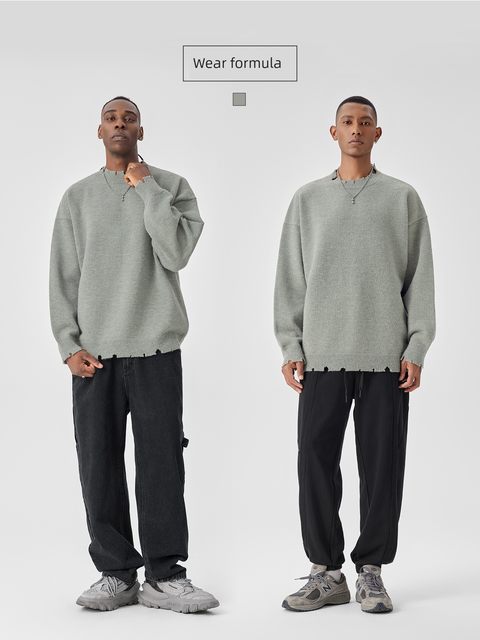 BODYDREAM BM round neck sweater men's casual ripped pullover knitted sweater loose retro solid color sweater trend
