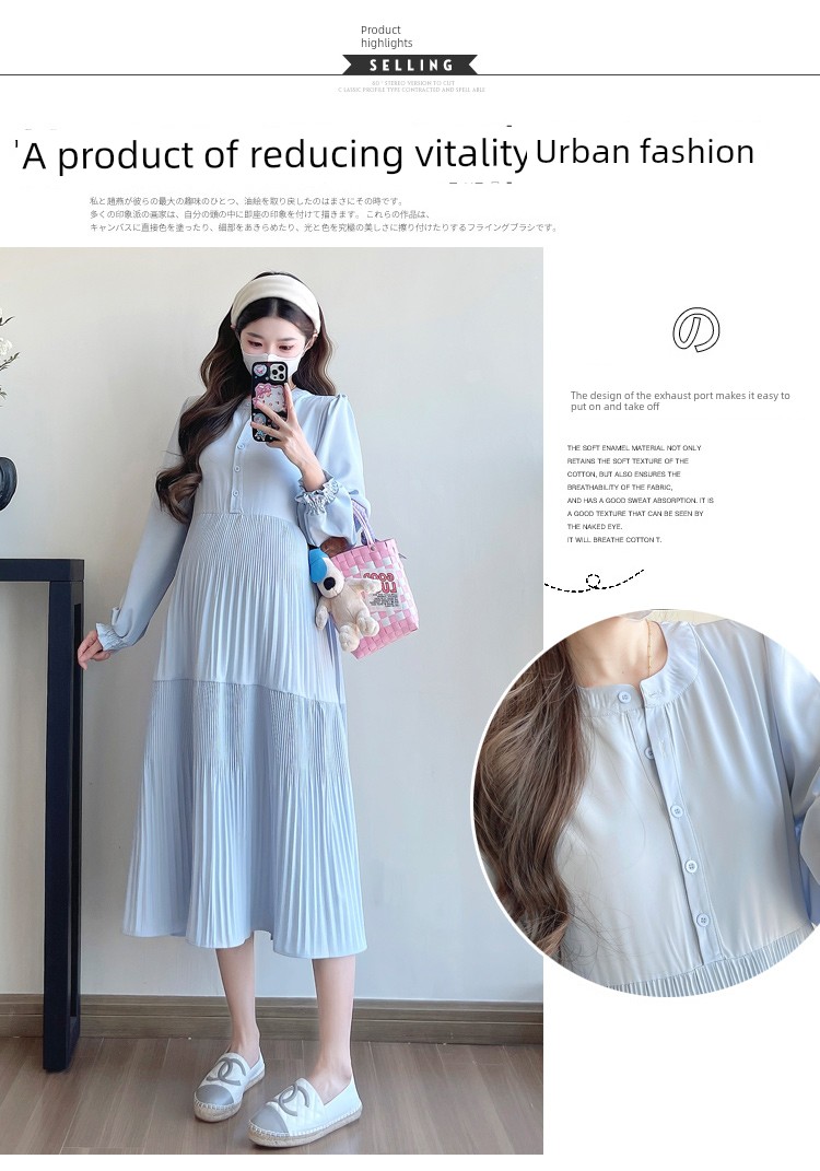 Maternity Wear 2026 New Autumn Style Loose Slimming Pleated Dress for Pregnant Mothers, High-End Nursing Long Dress — 5
