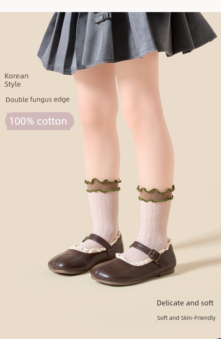 Girls' Socks for Spring and Autumn, 100% Pure Cotton, Children's Lace Princess Socks, Girls' Ruffled Mid-Tube Socks for Autumn and Winter — 3