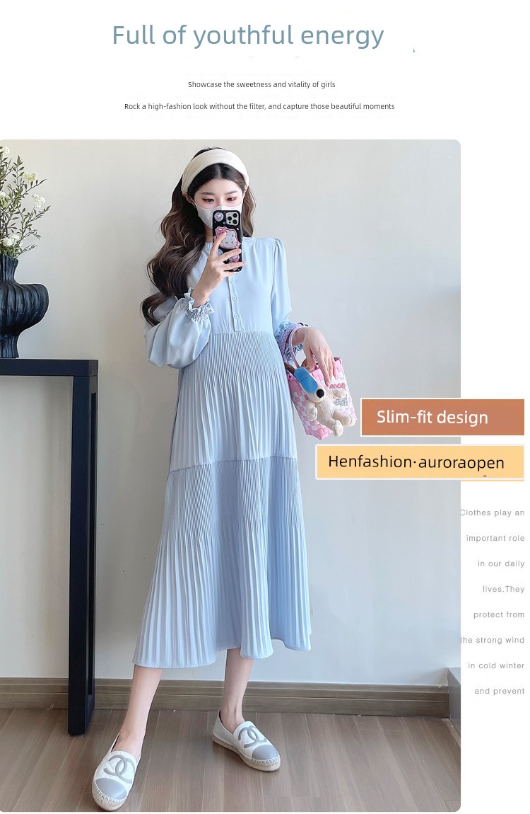 Maternity Wear 2026 New Autumn Style Loose Slimming Pleated Dress for Pregnant Mothers, High-End Nursing Long Dress — 2