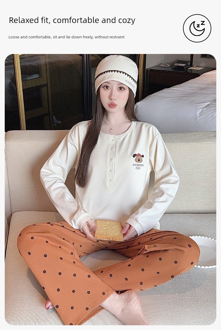 Free Hat with Winter Maternity Wear, Pure Cotton Nursing Pajamas, Spring and Autumn Postpartum All-Season Maternity Loungewear Set — 7