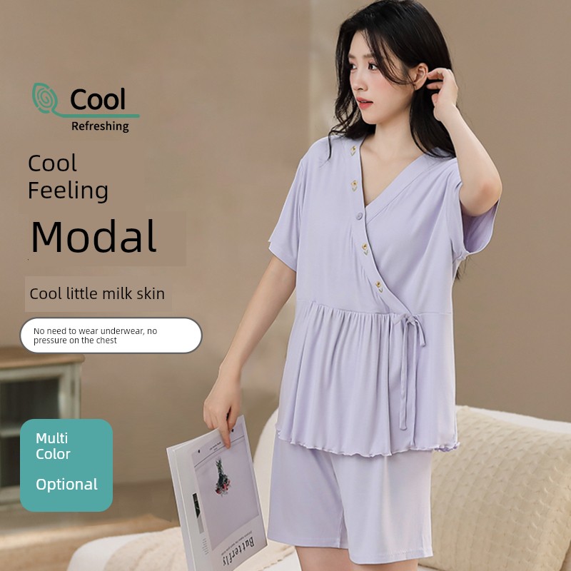 Modal Maternity Pajamas with Chest Pads for Women, Summer Thin Short-Sleeve Nursing Sleepwear for Postpartum Women, Summer Maternity Loungewear — 2