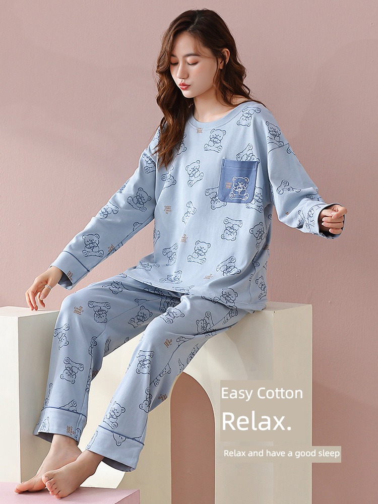 female pure cotton Long sleeve Big size autumn Can be worn out pajamas