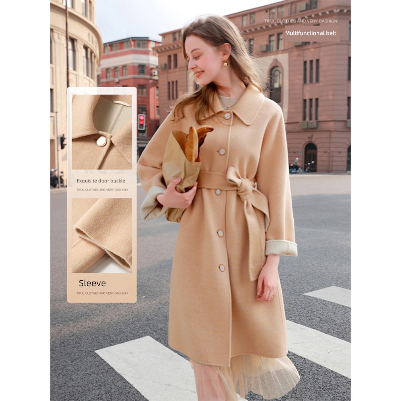 Tricolor Autumn and winter Lapel Close your waist Medium length Woollen overcoat