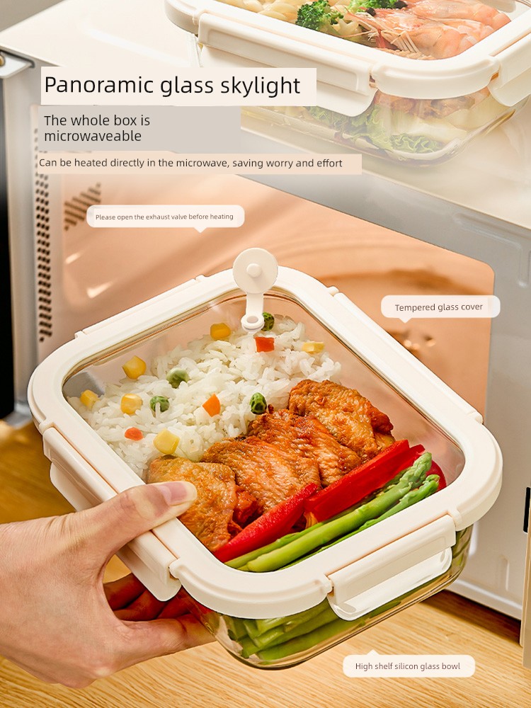 Modern Housewife Glass Lunch Box, Microwave-Safe, Special Preservation Box, Compartmentalized Bento Box, Lunch Box for Office Workers